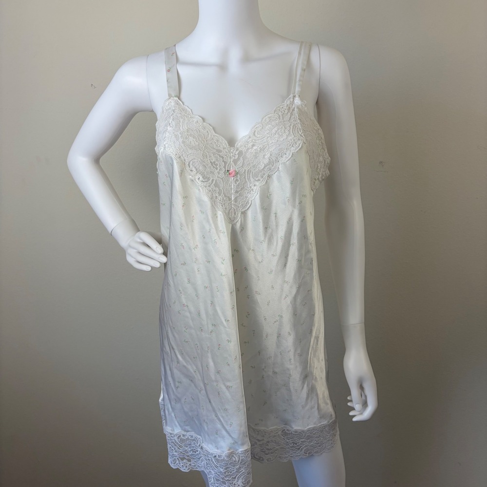 Vintage White‎ Satin Floral Lace Trim Slip Dress Babydoll Cottage Core Coquette